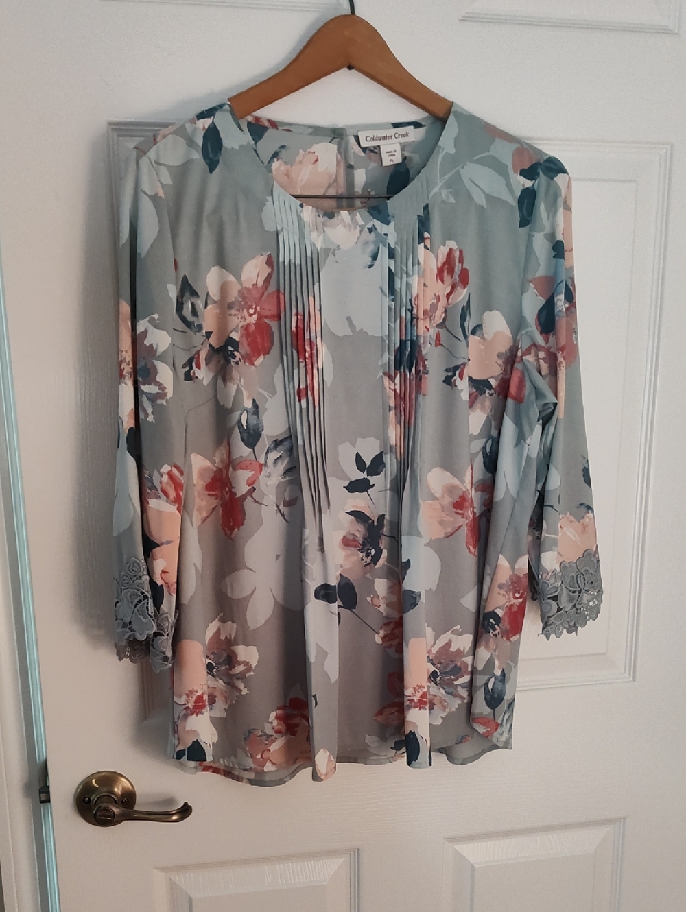 Coldwater Creek Pastel Floral Pintuck Blouse in Light Blue and Blush